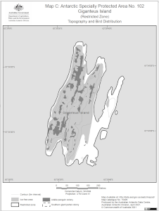 Antarctic Specially Protected Area No. 102<br>
Giganteus Island (Restricted Zone)<br>
Map C: Topography and Bird Distribution