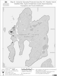 Antarctic Specially Protected Area No 167<br>
Hawker Island, Vestfold Hills, Ingrid Christensen Coast, East Antarctica<br>
Map B: Topography and Fauna Distribution