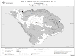 Antarctic Specially Protected Area No. 103<br>
Ardery Island<br>
Map B: Topography and Bird Distribution