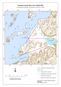 Proposed runway sites in the Vestfold Hills<br>
surveyed by Australian Construction Services in 1983
