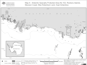 Antarctic Specially Protected Area No. 102<br>
Rookery Islands, Mawson Coast, Mac.Robertson Land, East Antarctica<br>
Map A