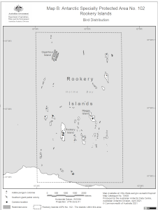 Antarctic Specially Protected Area No. 102<br>
Rookery Islands<br>
Map B : Bird Distribution