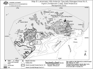 Larsemann Hills Antarctic Specially Managed Area No.6, Ingrid Christensen Coast, East Antarctica<br>
Map B: Management Zones