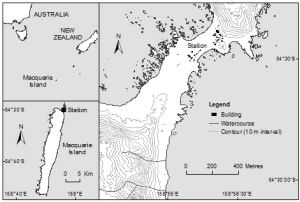 The Isthmus at Macquarie Island <br>
with a Macquarie Island inset and an inset showing the location of Macquarie Island in relation to Australia and New Zealand [Black and white]