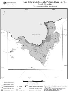 Antarctic Specially Protected Area No. 164<br>
Scullin Monolith<br>
Map B: Topography and Bird Distribution