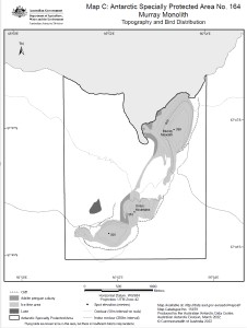 Antarctic Specially Protected Area No. 164<br>
Murray Monolith<br>
Map C: Topography and Bird Distribution