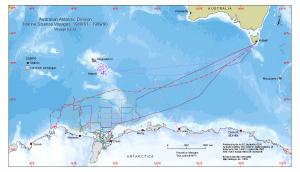 Australian Antarctic Division Marine Science Voyages 1980/81 - 1989/90<br>
Voyage tracks