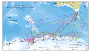 Australian Antarctic Division Marine Science Voyages 1990/1991 - 1999/2000<br>
Voyage tracks