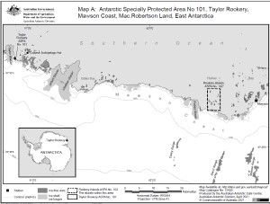 Antarctic Specially Protected Area No. 101<br>
Taylor Rookery, Mawson Coast, Mac.Robertson Land, East Antarctica<br>
Map A