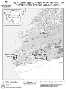 Marine Plain, Vestfold Hills, Ingrid Christensen Coast, East Antarctica<br>
Antarctic Specially Protected Area No 143<br>
Map A