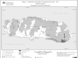 Antarctic Specially Protected Area No. 103<br>
Odbert Island<br>
Map C: Topography and Bird Distribution