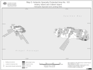 Antarctic Specially Protected Area No. 103<br>
Ardery Island and Odbert Island<br>
Map D: Helicopter Approach and Landing Sites